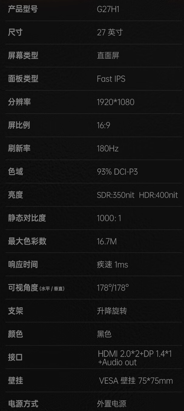 HKC G27H1 27 英寸显示器 5 月 31 日开售：1080P 180Hz，799 元