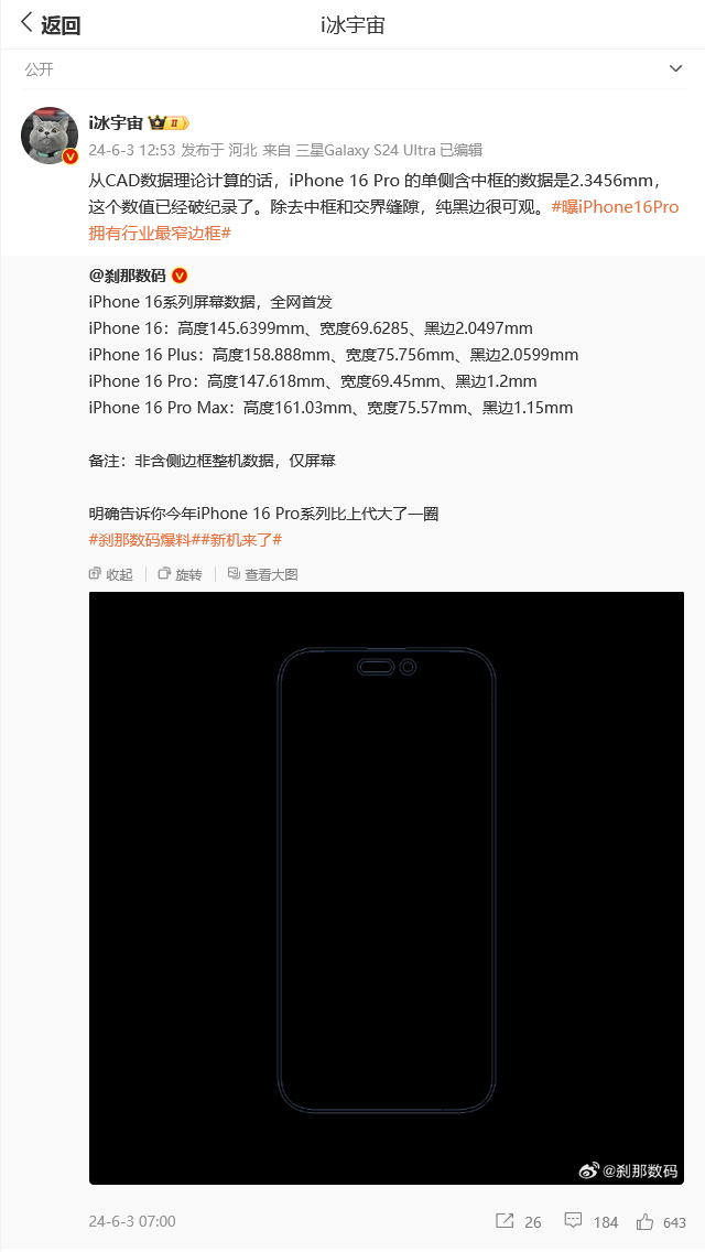 预定“全球最窄边框手机”，消息称苹果 iPhone 16 Pro 将打破三星 Galaxy S24 纪录