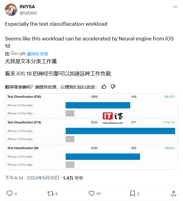 提高 25%！苹果 iOS 18 助力 iPhone 15 Pro Max 迈上 AI 新台阶，神经引擎推理得分暴涨至 7816