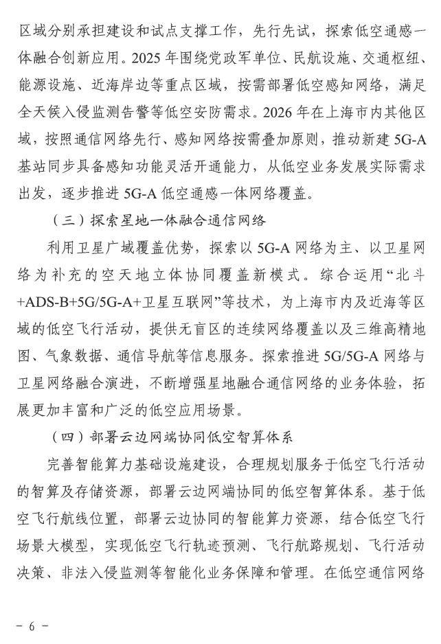 上海强化 5G-A 的低空智联网覆盖：到 2026 年初步建成低空飞行航线全域连续覆盖的通信网络（低空.覆盖.航线）