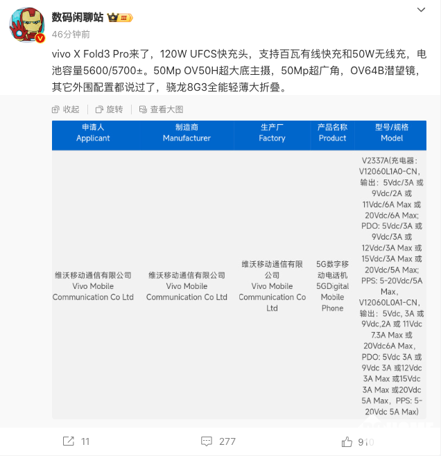 vivo x fold3 pro曝光：骁龙8g3全能轻薄大折叠