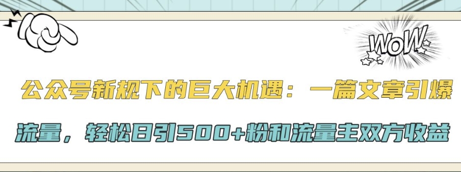 公众号新规下的巨大机遇：一篇文章引爆流量，轻松日引500+粉和流量主双方收益（流量,引爆,一篇文章,新规,机遇....）