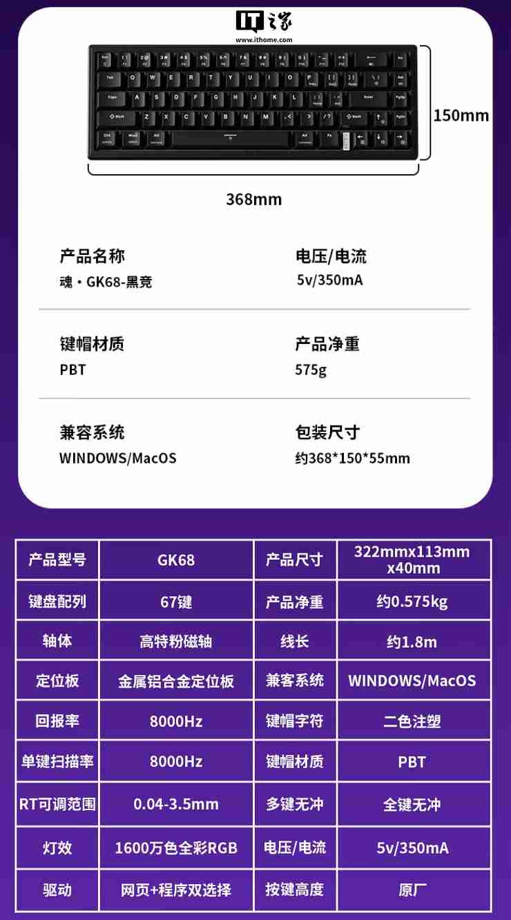 机械革命 GK68 有线磁轴键盘开售：Gasket 结构、RT 100 级可调，首发 229 元（磁轴.可调.首发.键盘.革命.....）