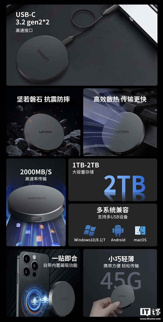 联想推出 Y910 磁吸移动固态硬盘：读速 2000MB/s，1TB 售 559 元